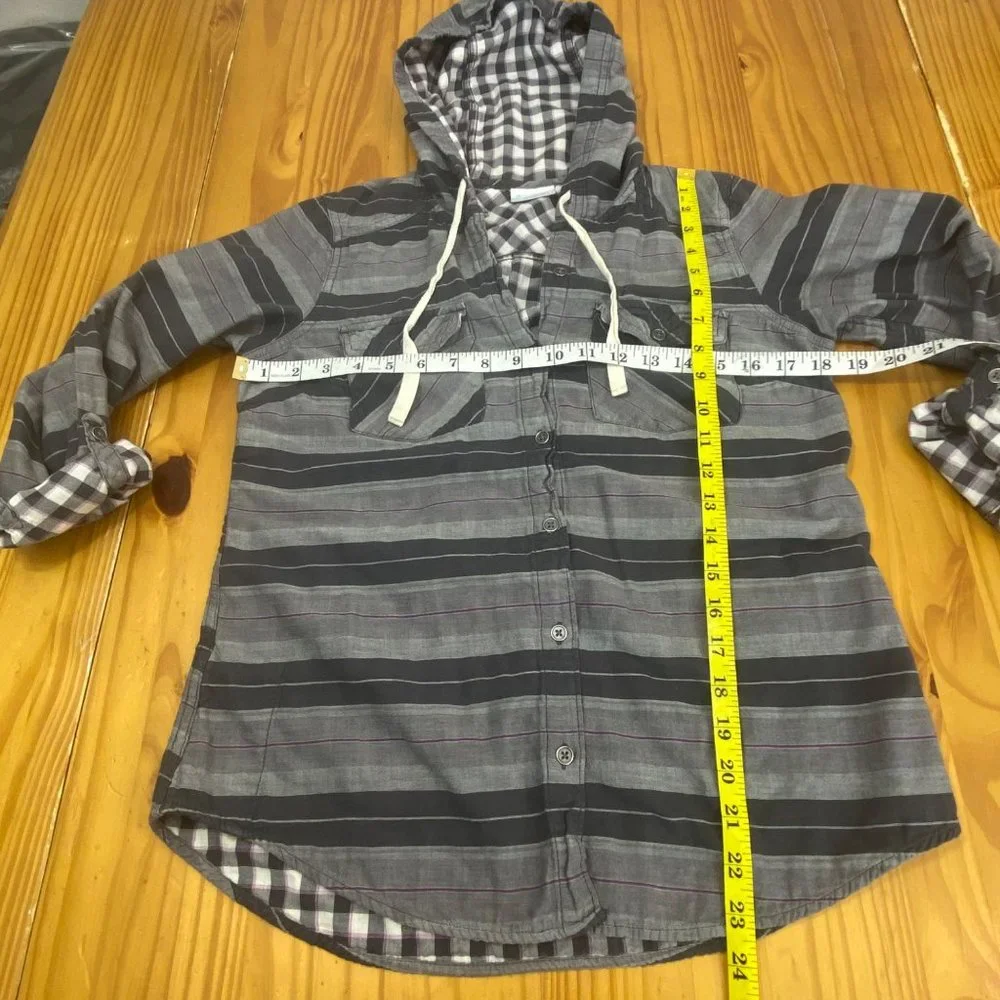 Columbia Women Button Up Hooded Cotton Flannel Shirt S Cotton Purple Gray Plaid - Picture 7 of 11